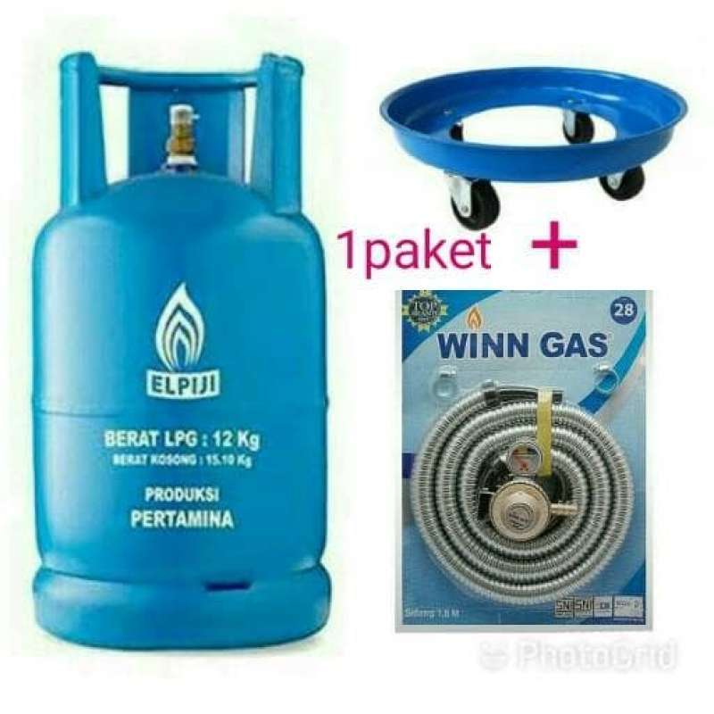 Promo Tabung gas elpiji 12kg +isi+roda gas besi +slang gas paketan Winn