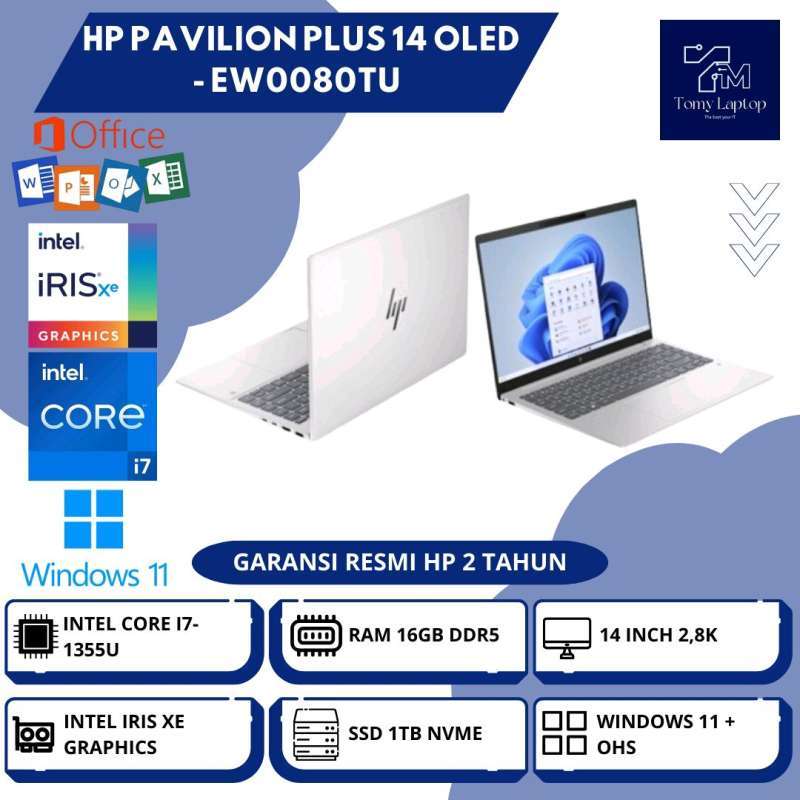 LAPTOP BARU HP PAVILION PLUS 14 OLED INTEL CORE I7-1355U RAM 16GB DDR5 SSD  1TB 14INCH SLV EW0080TU