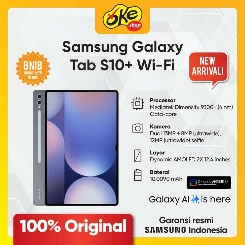 Samsung Galaxy Tab S10+ WiFi, Tablet AI Layar Besar 12.4 dengan Prosesor Dimensity 9300+ dan RAM 12GB, Fitur S Pen IP68, Ideal untuk Multitasking dan Hiburan