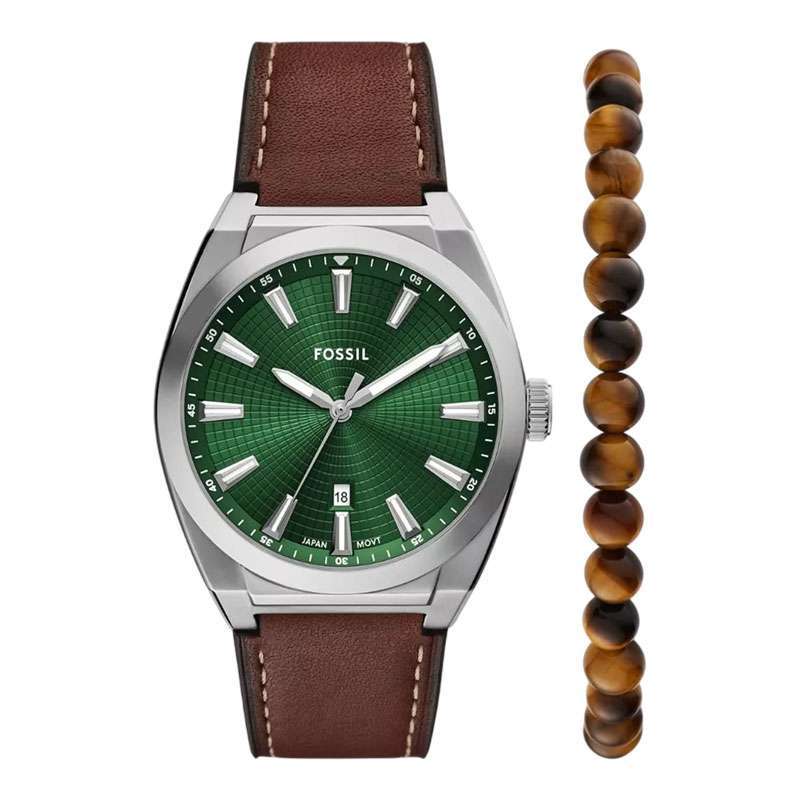 Jam Tangan Pria Fossil Everett FS6080SET Men Green Dial Brown Leather Strap
