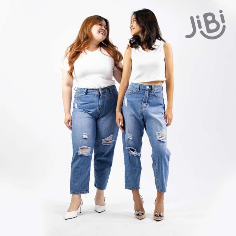 JIBI Boyfriend Denim Ripped Jeans Celana Jeans Boyfriend Big Size  Biru Tua