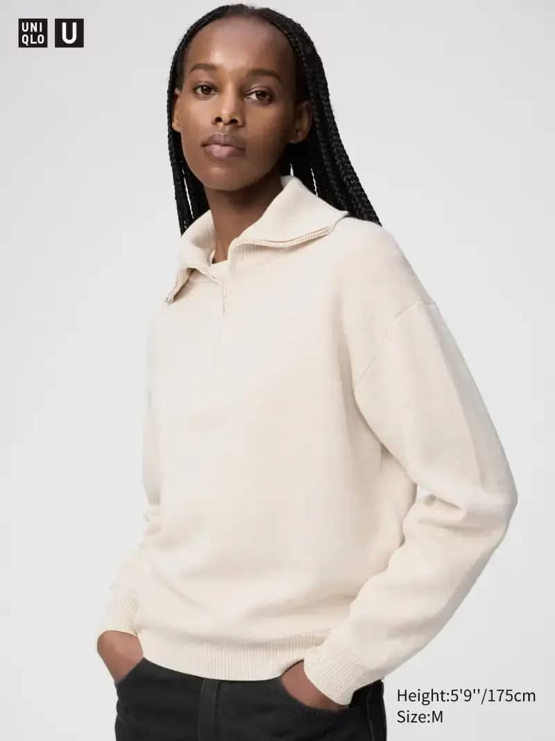 UNIQLO U Sweater Rajut Knit WANITA Double Face Ritsleting 1/2 Half Zip  NATURAL