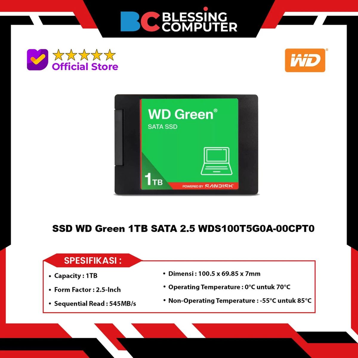 Jual Ssd Wd Green 1tb Sata 2.5 Wds100t5g0a-00cpt0 Di Seller