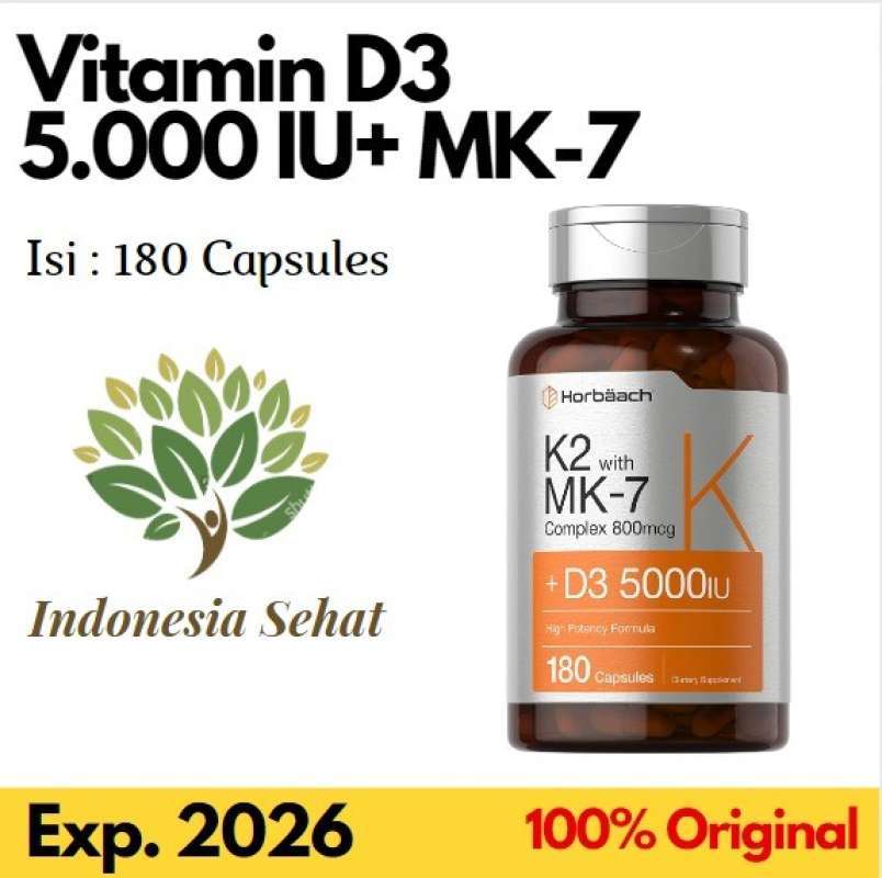Promo Horbaach Vitamin D3 125mcg 5000IU + K2 MK4 MK7 800mcg isi 180 kapsul Diskon 33 di Seller