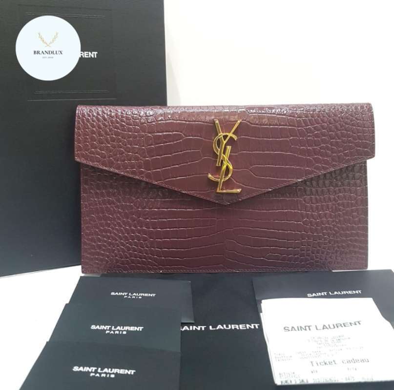 YSL SAINT LAURENT clutch pouch flap croco maroon 100 Authentic