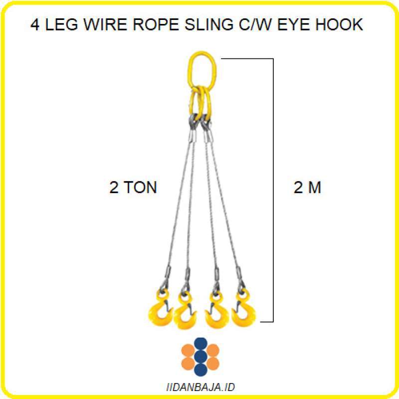 Promo 4 Leg Wire Rope Sling C/W Eye Hook Cap 2 Ton X 2 M ( Seling 4 ...