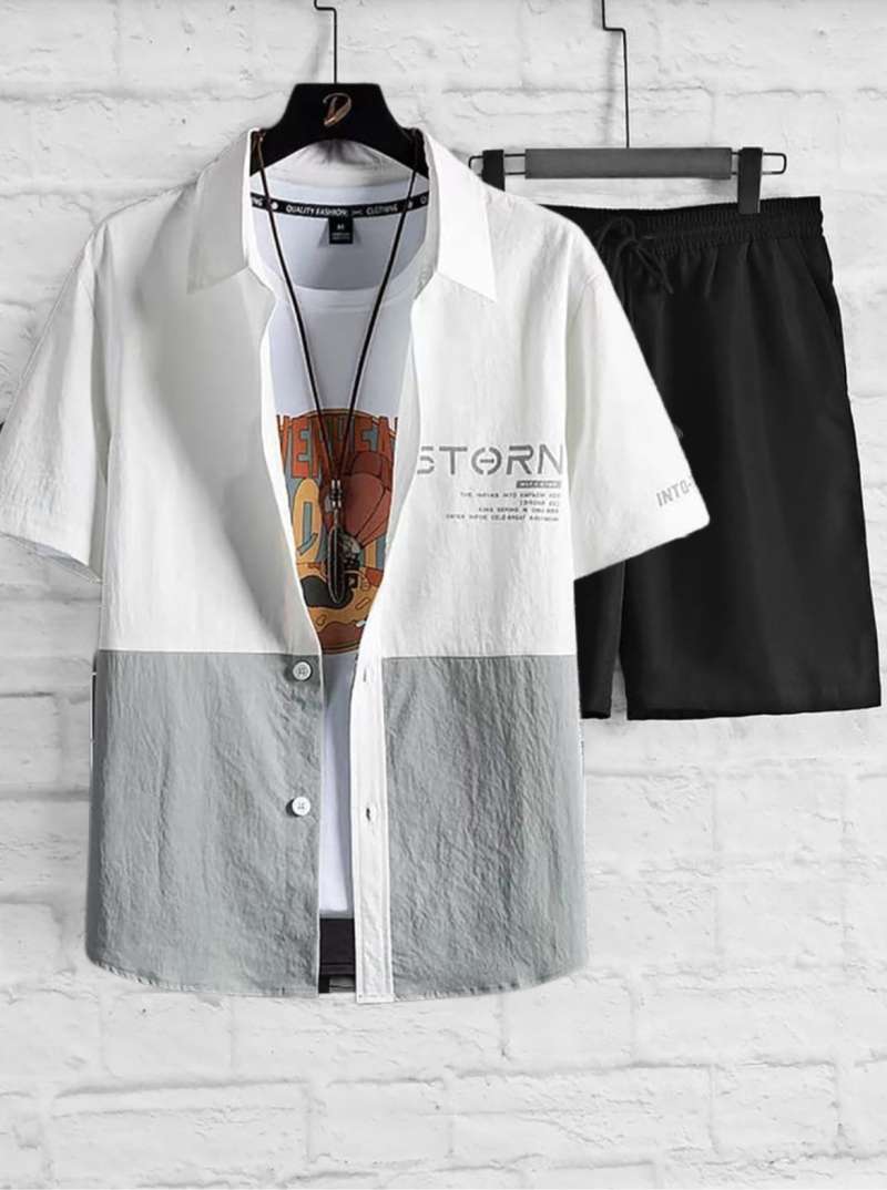 ASIA-Setelan Kemeja Casual Pria Kemeja Storn Dan Celana Pendek Polos  Kekinian