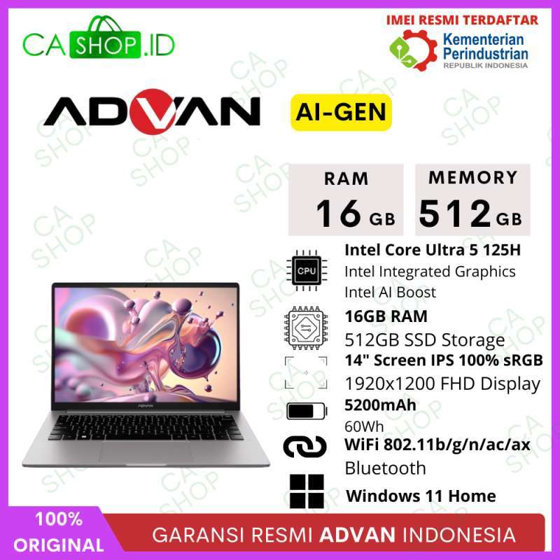 ADVAN AI Gen Laptop 16GB RAM 512GB SSD dengan Intel Core Ultra 5 dan Layar IPS 14 FHD, Cocok untuk Profesional dan Mahasiswa yang Butuh Performa Handal