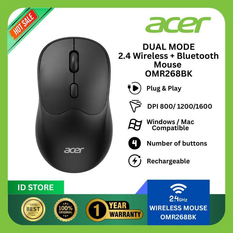 Acer Mouse OMR268BK Dual Mode Wireless+Bluetooth – Support Windows  Mac, Garansi Tahun