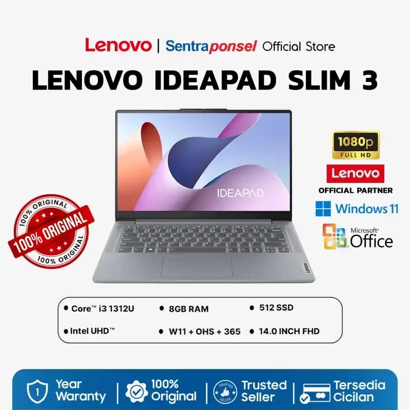 LAPTOP LENOVO IDEAPAD SLIM 14 I3-1315U • RAM 8GB SSD 512GB • Windows 11  OHS -Garansi Resmi 100%