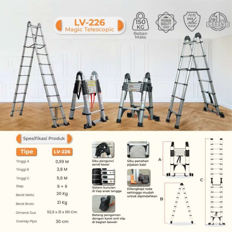Promo Tangga Teleskopik 5,6 Meter Multi, Tangga Lipat, Tangga Double