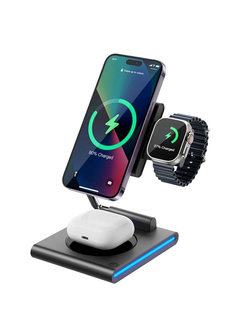 MagSafe Wireless Charger WiWU Geek 3-in-1 Foldable for 15W iPhone 5W  AirPods 3W Apple Watch Fast Charging (Wi-W023)