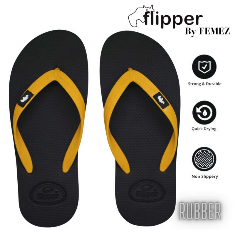 ORIGINAL LOKAL BRAND FLIPPER BY FEMEZ Sandal Jepit Japit Pria Karet Rubber Type Combi Walker Hitam Kuning