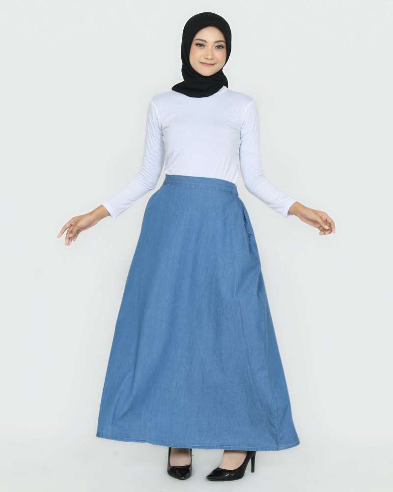 Poplook Style Skirt Labuh Skirt Jeans Long Denim Muslimah Panel