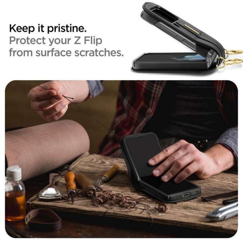 Case Samsung Galaxy Z Flip 4 Spigen Lienar Calin Leather Strap Casing