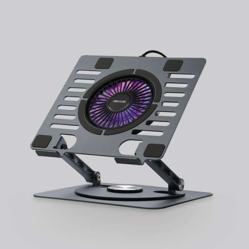 Rexus Decha Frost FP04 Aluminium Stand Laptop Ergonomis dengan Kipas Pendingin, Basis Rotasi 360°, Lampu RGB 10 Mode, dan Port USB. Cocok untuk Laptop 10-17