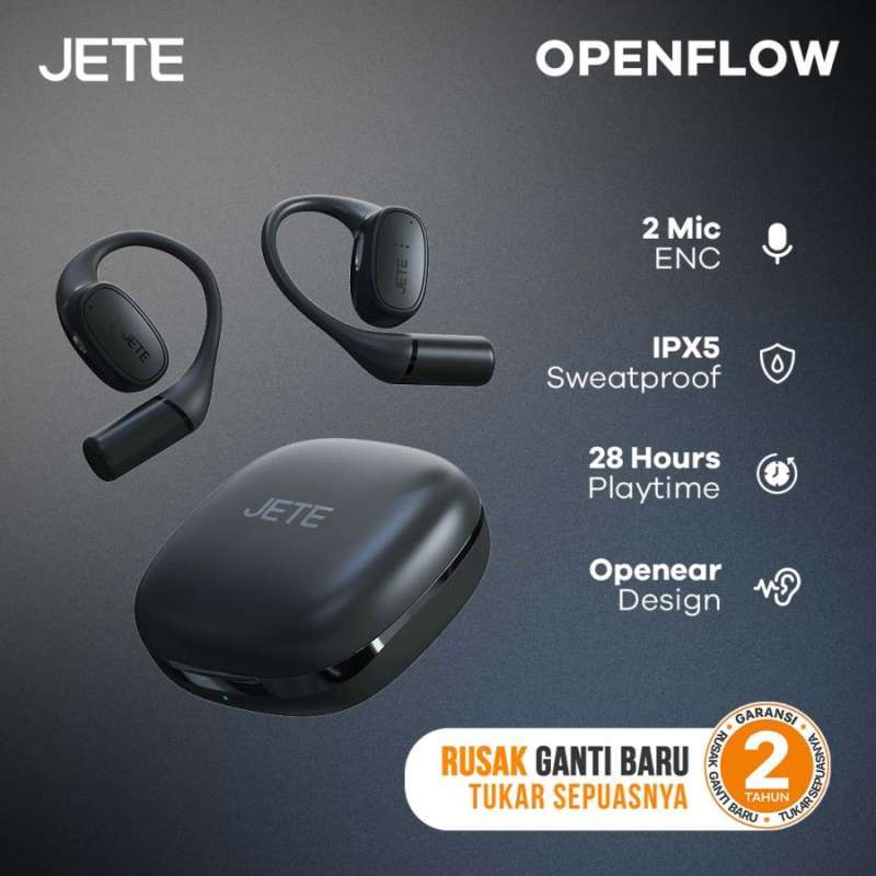 TWS JETE Open Flow Earphone Bluetooth Open Ear Running IPX5 Stereo Bass  Wireless Sport Headset Gaming Garansi Tahun