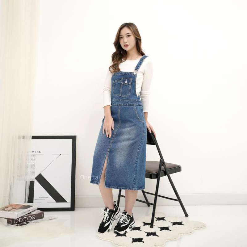 Outfit Denim Midi Overall Dress Plain Washed Fit Elegant Midi