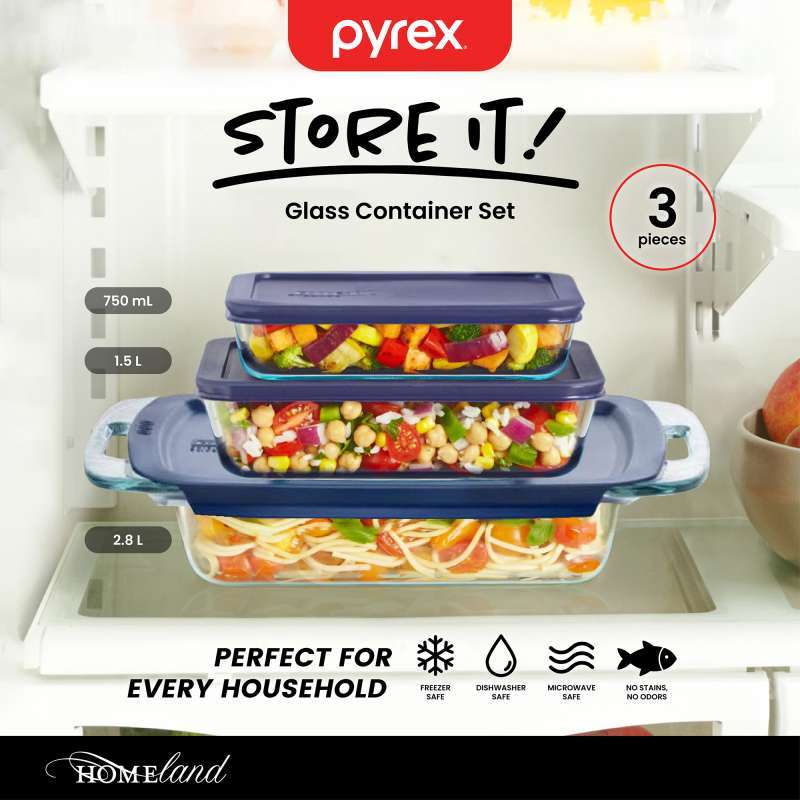 PYREX Easy Grab Loyang Kaca dengan Tutup Plastik Kotak Makan Kaca Kedap  Udara BPA Free