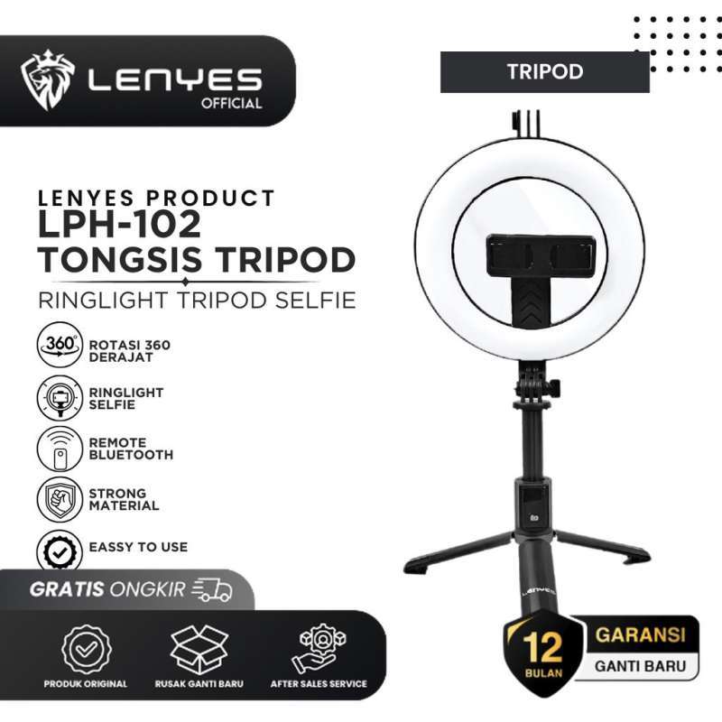 LENYES LPH-102 Tongsis Ring Light With Remote Bluetooth Selfie Stick Tripod  untuk content creator dan vlogger