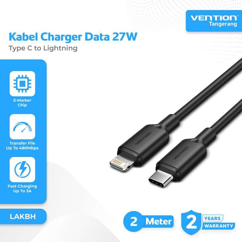 Vention Kabel Charger Data Type C to Lightning 3A Fast Charging 27W Charger  Cable 2M Meter Black LAKBH