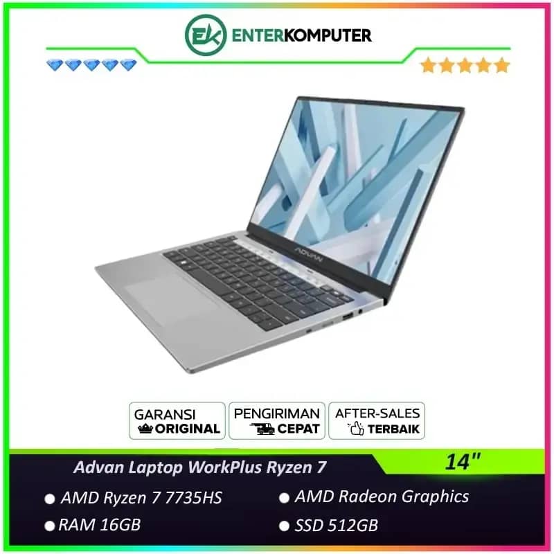 Advan Laptop WorkPlus with Ryzen 7 and 16GB RAM, featuring 512GB SSD and AMD Radeon Graphics, 14 FHD Screen, Perfect for Home and Office Users