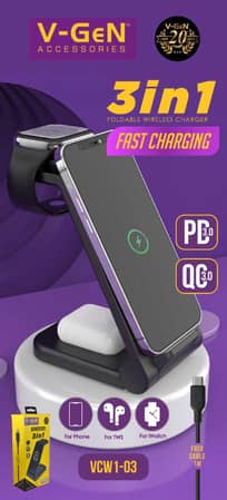 Jual Foldable Wireless Charger 3 In 1 V GeN VCW1 03 Fast Charging PD 3 