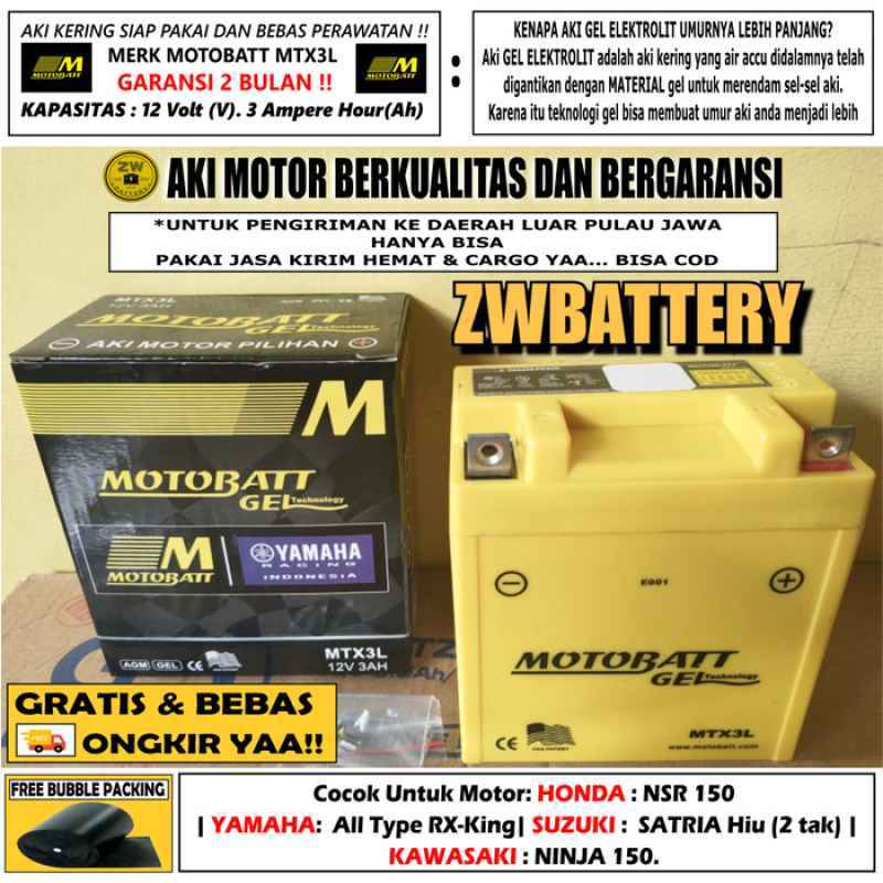 Promo Aki Motor Satria Hiu 2 Tak Motobatt MTX3L Aki Gel-Aki Kering 3