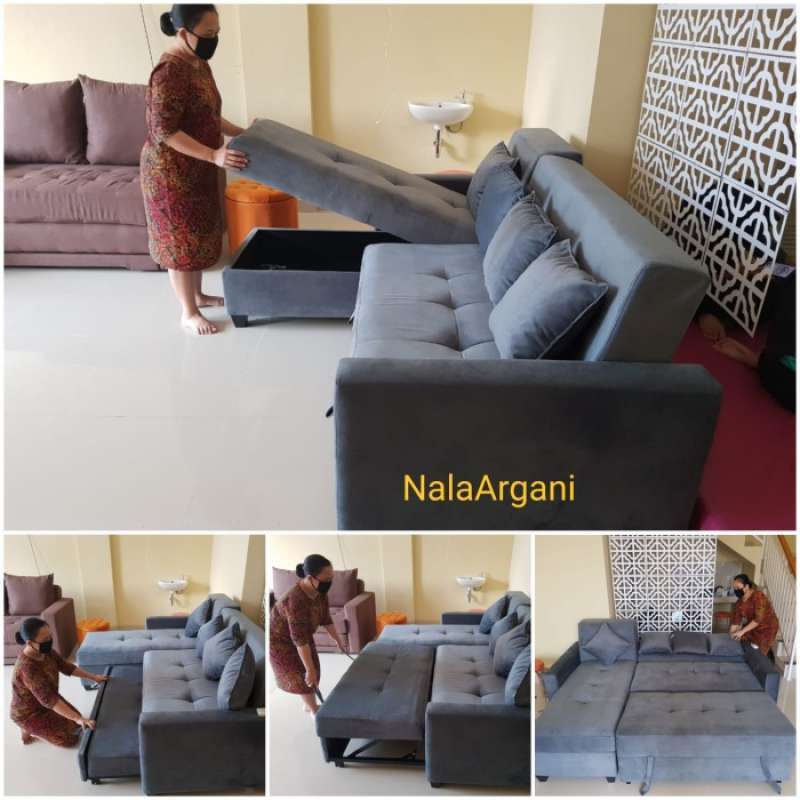 Promo Sofa Bed Bentuk L With Box Storage Dan Hidrolik Jadi Rata