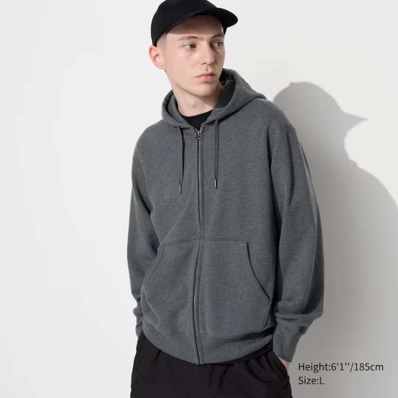 UNIQLO Jaket Sweat Hoodie Pria Ritsleting Full Zip Grey