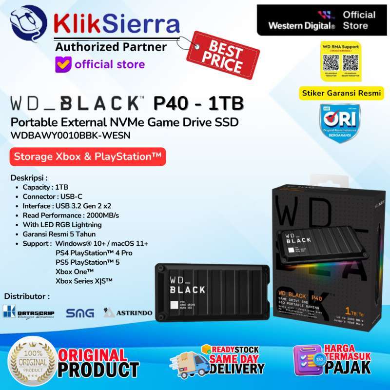 WD BLACK P40 NVMe Game Drive SSD 1TB HDD Harddisk External Portable  Hardisk Eksternal Gaming Console Xbox PlayStation PS4 PS5 Garansi Resmi