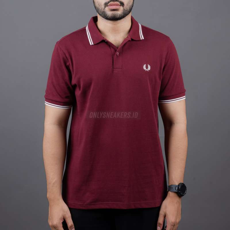 FRED PERRY TWIN TIPPED POLO WHITE MAROON (100% AUTHENTIC)