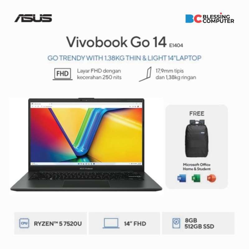 ASUS Vivobook Go 14 E1404FA VIPS5851M Ryzen 7520U 8GB 512GB W11 OHS 2024  Microsoft 365 Basic Mixed Black