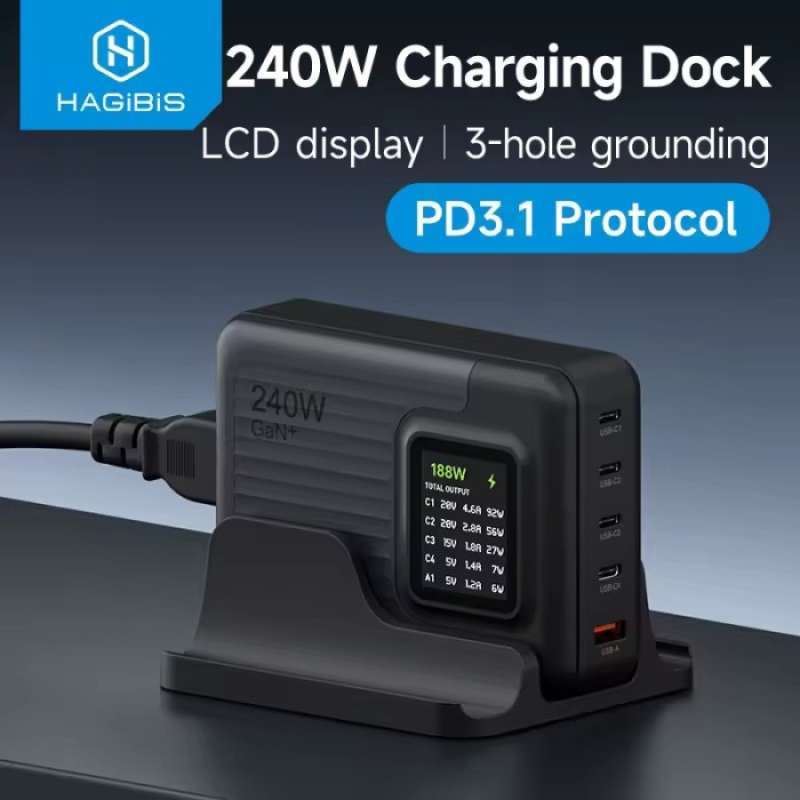 Hagibis 240W USB C Charger Ports GaN 140W Fast Charger Desktop  Charging Station with LCD Display For MacBook Pro Laptops
