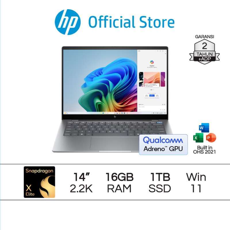 Laptop HP omniBook X Snapdragon X Elite dengan GPU Adreno, 16GB RAM, dan SSD 1TB. Ideal untuk Kerja, Berlayar Sentuh 2.2K, dan Garansi Resmi 2 Tahun