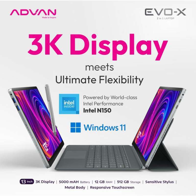 ADVAN 2-in-1 Evo-X 13 Laptop with Intel N150, 12GB RAM/512GB SSD, 3K Touchscreen, and Free Stylus & Keyboard, Ideal for Creative Professionals on Windows 11