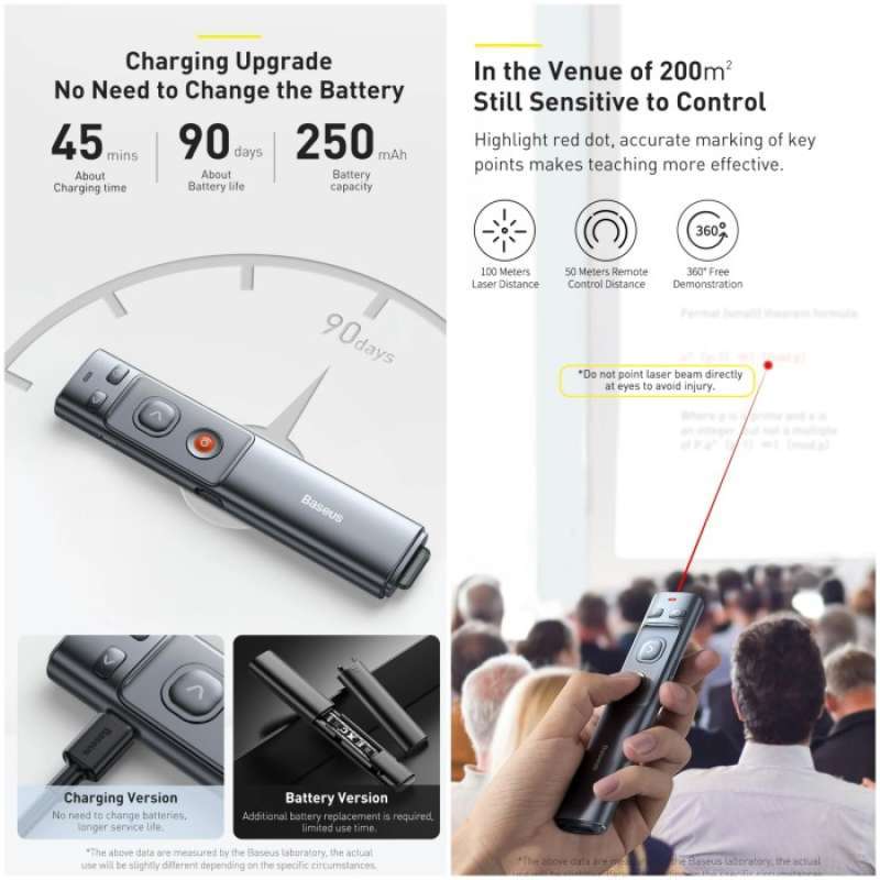 Promo Baseus Red Laser Pointer Wireless Presenter Battery Charging 2.4g ...