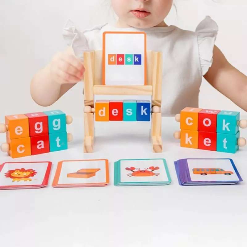 Promo Wooden Block Spelling Game Matching Letter Flash Card Belajar ...
