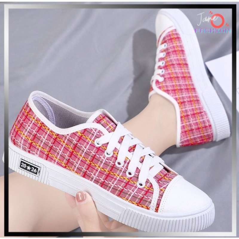 Sepatu Kanvas Wanita Korea Fashion Import Casual Sport Flat Plaid Canvas  Shoes JOFSH109 Red 38