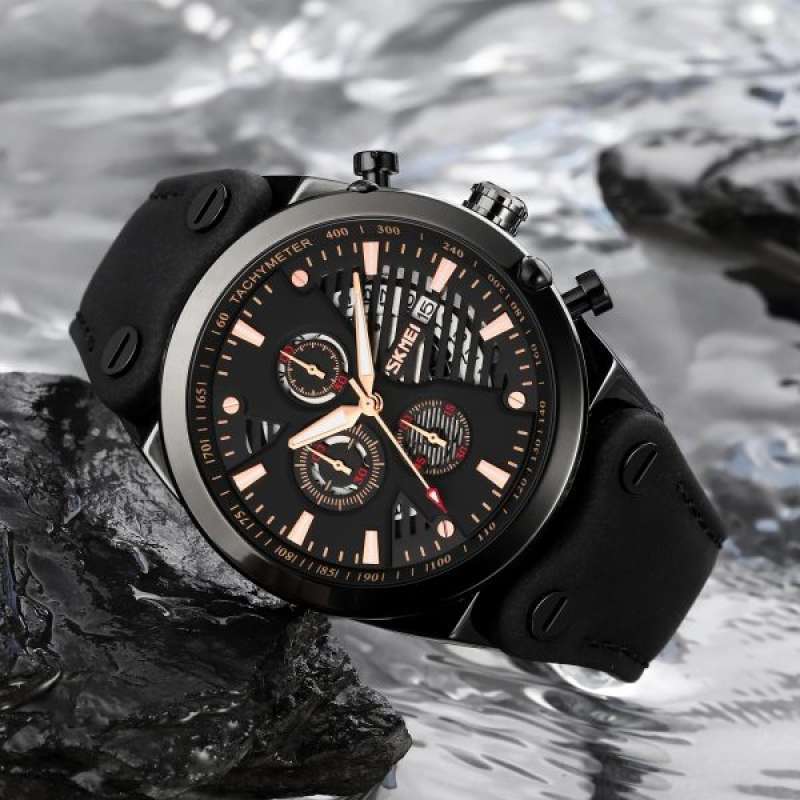 SKMEI Original Jam Tangan Formal Pria Tali Kulit Water Resist Tanggal dan Chrono Aktif Free Battery Cadangan Box dan Bergaransi SK48mm