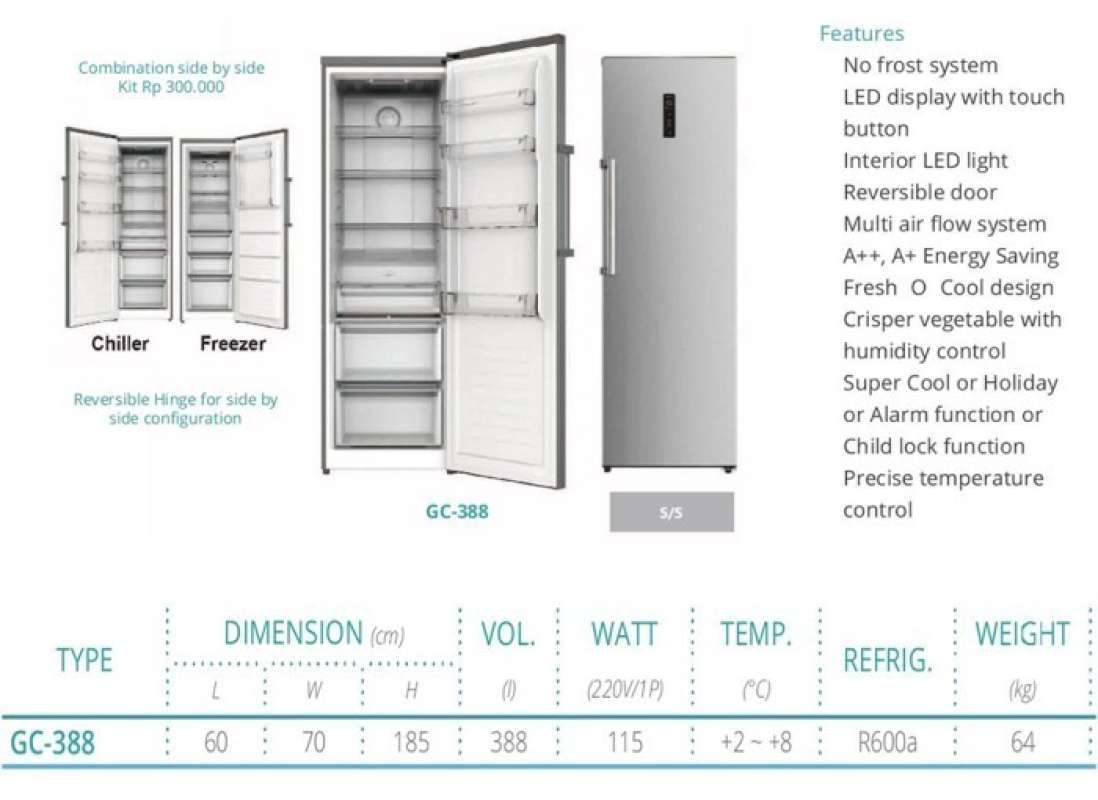 Promo Terbaik Upright Chiller Gea Gc388 Kulkas Berdiri 1 Pintu