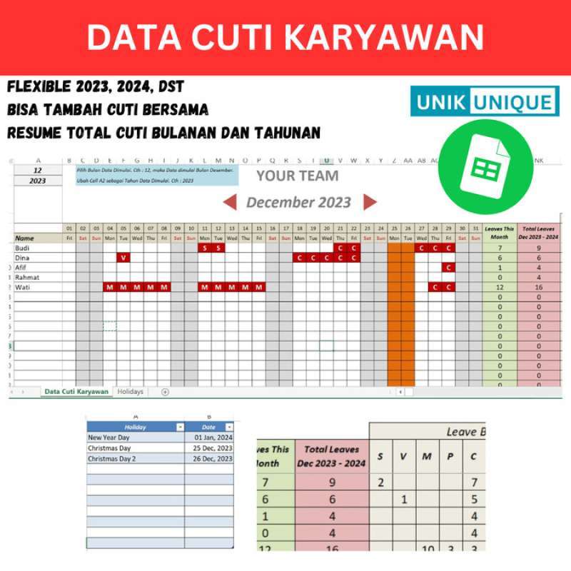 Jual Excel Tools - Tabel Data Cuti Karyawan 2023, 2024, 2025 Libur Cuti ...