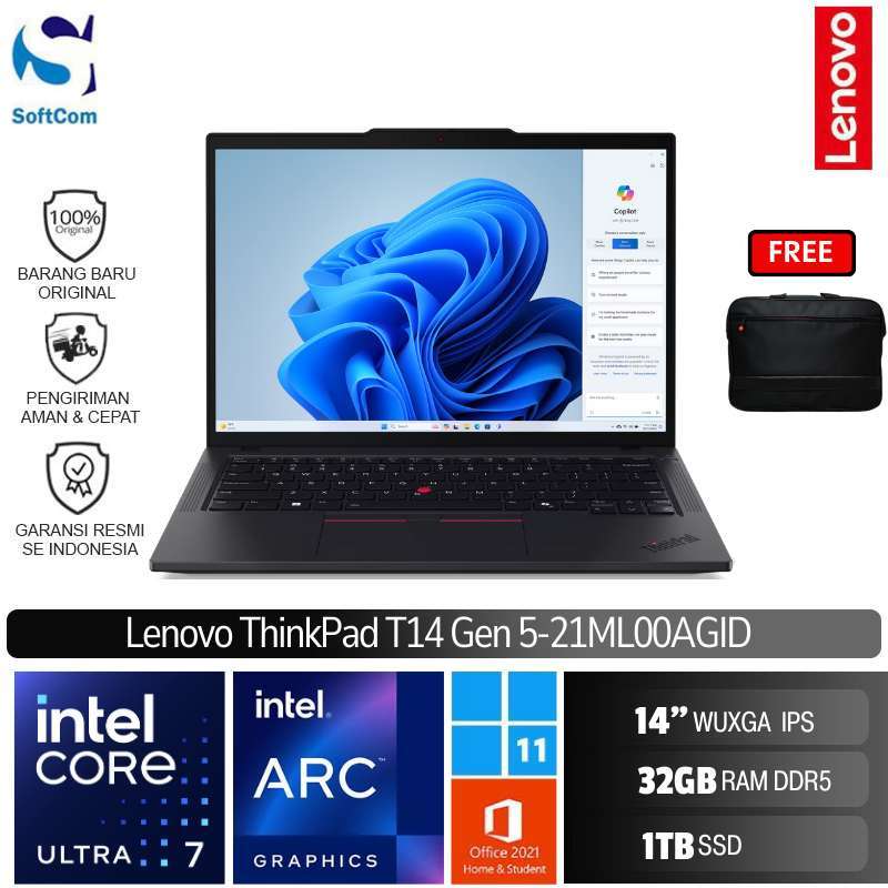 Lenovo Thinkpad T14 Gen 5 dengan Intel Ultra 7 dan Layar IPS 14, 32GB RAM, 1TB SSD, serta Keyboard Backlit. Ideal untuk Profesional dan Pelajar