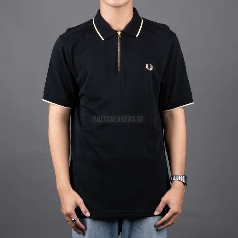 FRED PERRY CREPE PIQUE ZIP NECK POLO BLACK (100% AUTHENTIC)