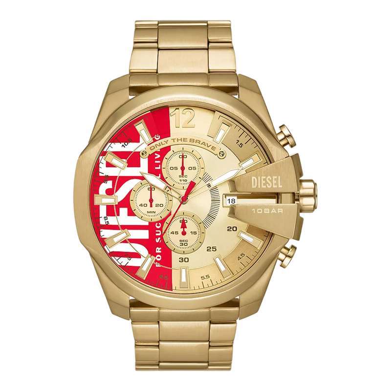 Jam Tangan Pria Diesel Mega Chief DZ4642 Chronograph Men Dual Tone Dial  Gold Stainless Steel Strap