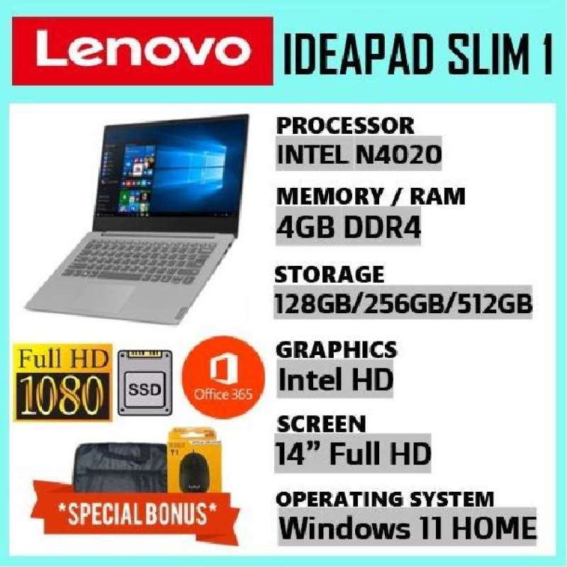 Jual Laptop Sekolah lenovo ideapad slim 1 intel N4020 4GB 14 inch Full ...