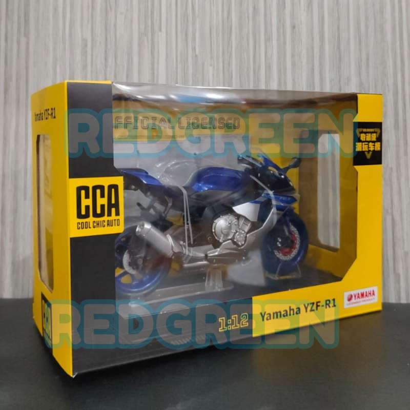 diecast cca yamaha yzf r1 biru skala 1:12 mainan anak