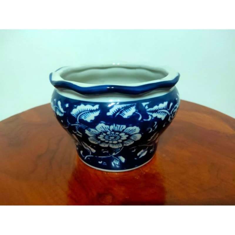 Promo Keramik Pajangan Pot Bunga Biru Dongker Bulat Kecil Diskon 23% Di
