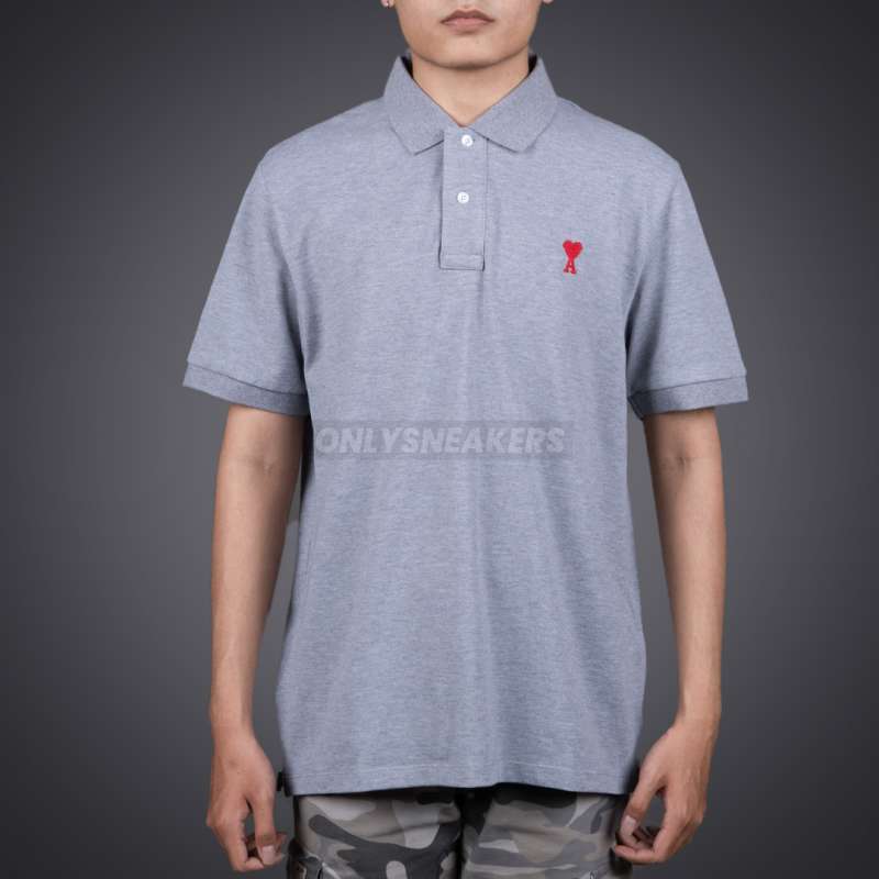 AMI PARIS BIG LOGO RED POLO GREY