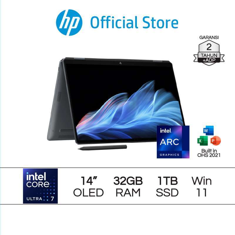 HP OmniBook Ultra Flip dengan Intel Core Ultra 7, RAM 32GB, SSD 1TB, Layar Sentuh 14 OLED 3K dan Garansi 2 Tahun. Cocok untuk Pekerjaan Profesional
